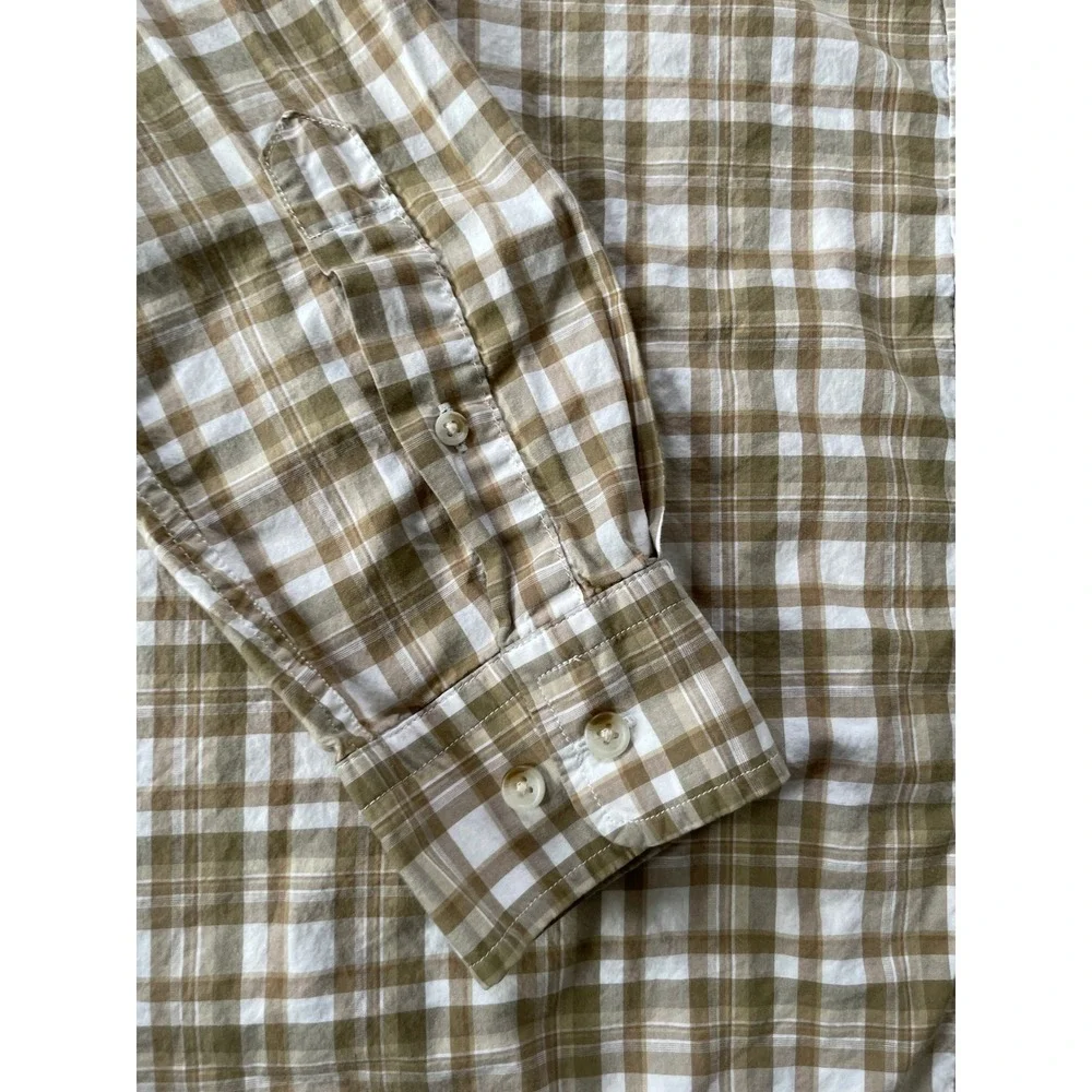 Banana Republic Mens Large Button Down Shirt Tan Plaid Untucked Fit Long Sleeve